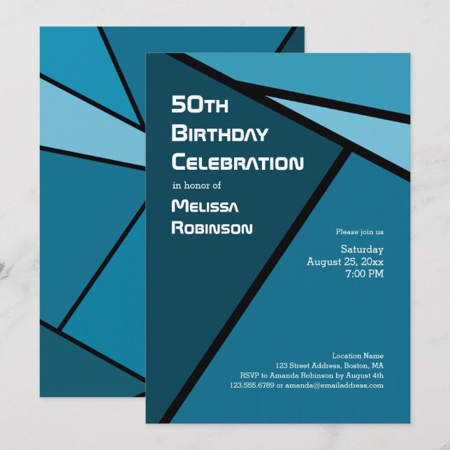 50th Birthday Modern Teal Geometric Shapes Invitation (Front/Back)