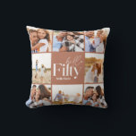 50th birthday modern terracotta photo collage cushion<br><div class="desc">Hello fifty 50th birthday modern terracotta multi photo collage pillow home decor gift . Modern script text design. Part of a collection.</div>