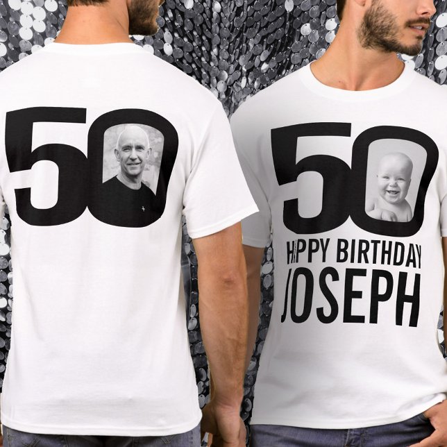 50th birthday mono custom now and then photo name T-Shirt (Creator Uploaded)