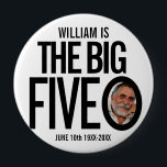 50th Birthday mono custom the big five o photo 10 Cm Round Badge<br><div class="desc">Fun mono black and white 50th Birthday party photo and name pin button badge. A great idea for adding some fun to a fiftieth birthday party. Personalize with your own name and birth year to the current year and your own photo into the letter O. Other matching items are available....</div>