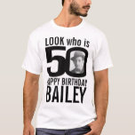 50th birthday mono look 50 custom photo and name T-Shirt<br><div class="desc">50th birthday mono, look who is 50 custom photo and name t-shirt. Fun 50th personalised photo black and white birthday tee design. Personalise this birthday shirt with a photograph of the birthday boy or girl in the middle of the number 0. Great idea for adding some fun to a milestone...</div>
