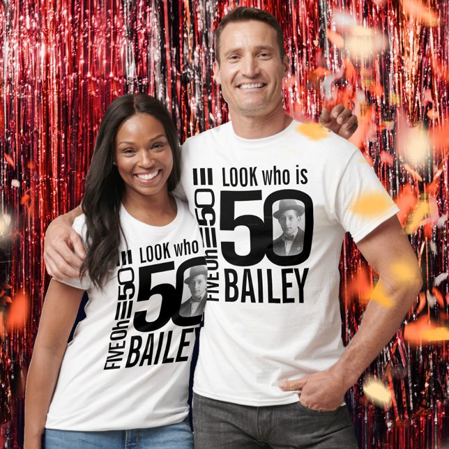 50th birthday mono look 50 custom photo and name  T-Shirt (Creator Uploaded)