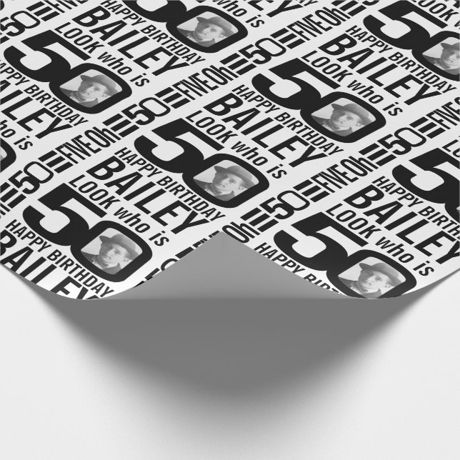 50th birthday mono look 50 custom photo and name wrapping paper (Corner)