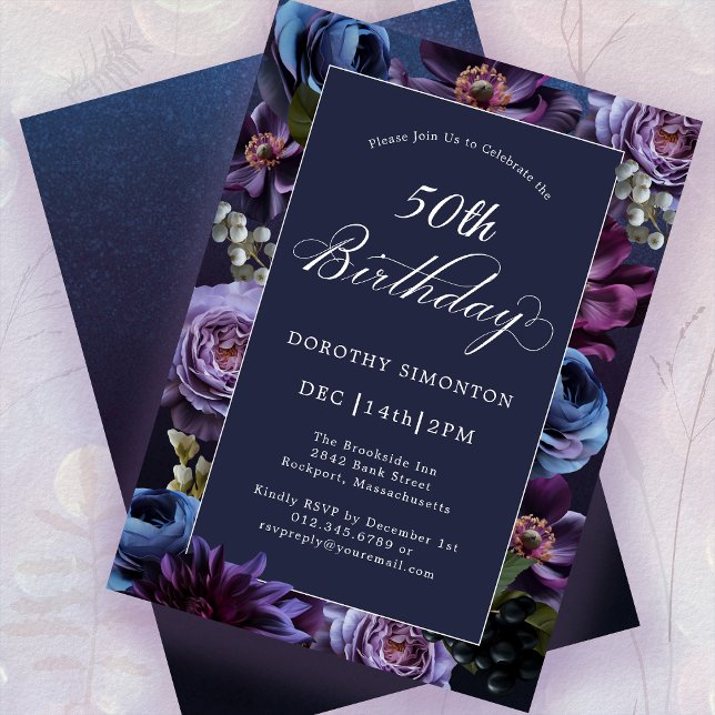 50th Birthday Moody Purple Flower Invitation (Creator Uploaded)
