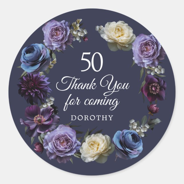 50th Birthday Moody Purple Flower Thank You Favour Classic Round Sticker (Front)