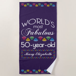 50th Birthday Most Fabulous Colorful Gems Purple Beach Towel