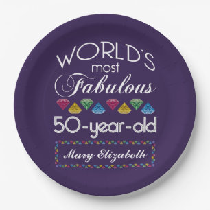 50th Birthday Most Fabulous Colorful Gems Purple Paper Plate