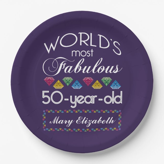 50th Birthday Most Fabulous Colorful Gems Purple Paper Plate (Front)