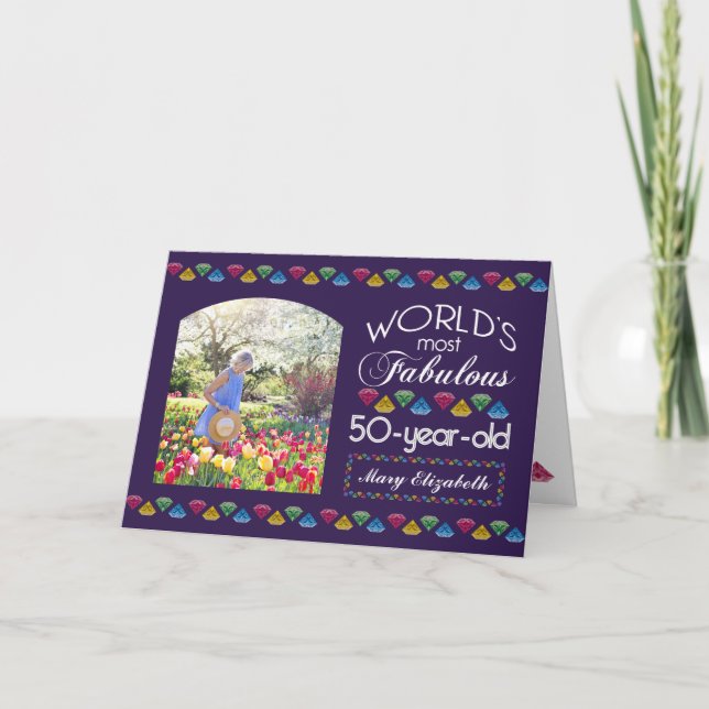 50th Birthday Most Fabulous Gems Purple Your Photo Card (Front)