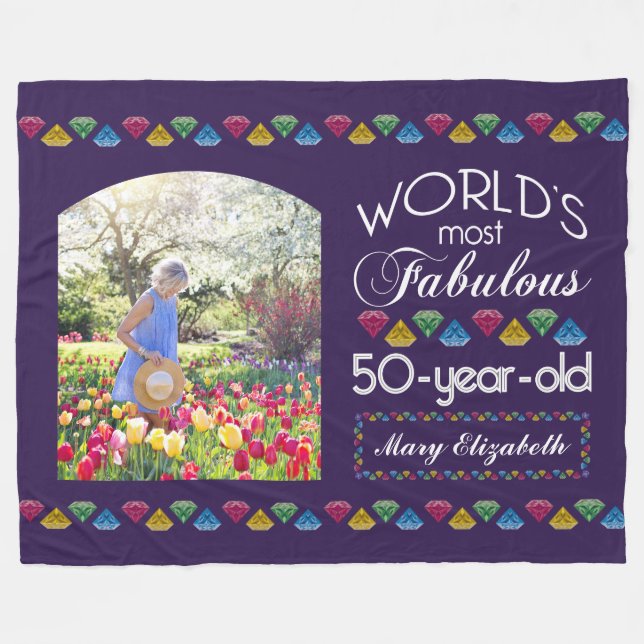 50th Birthday Most Fabulous Gems Purple Your Photo Fleece Blanket (Front (Horizontal))