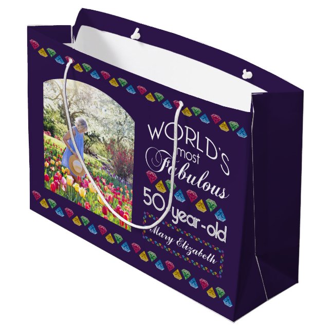 50th Birthday Most Fabulous Gems Purple Your Photo Large Gift Bag (Back Angled)