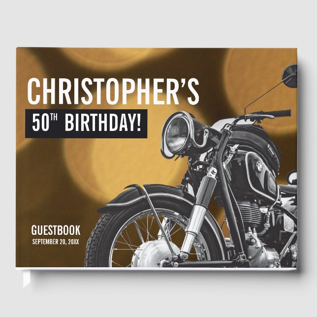 50th birthday Motorcycle Gold and Black theme Guest Book (Front)