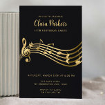 50th Birthday Music Notes Gold Elegant Modern Invitation<br><div class="desc">This editable elegant 50th birthday invitation features a stave with music notes and a treble clef in faux gold on a black background complemented by modern script typography. Perfect for adult birthday parties, musical events and music lovers. Customise it with your own text and make use of the editing tool...</div>