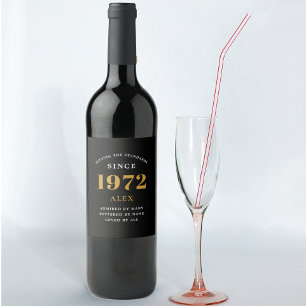 50th Birthday Name 1972 Black Gold Elegant Wine Label