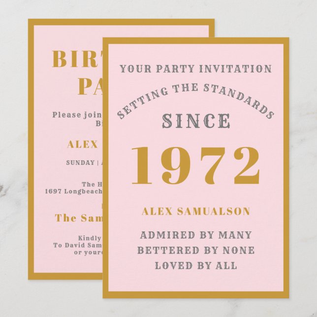 50th Birthday Name 1972 Elegant Chic Pink Gold Invitation (Front/Back)