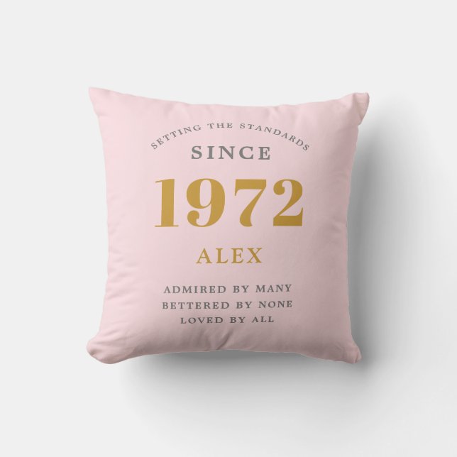 50th Birthday Name 1972 Pink Grey Elegant Chic Cushion (Front)