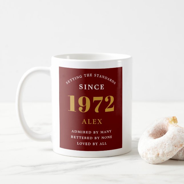 50th Birthday Name 1972 Red Gold Elegant Chic Coffee Mug (With Donut)