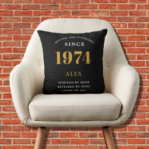 50th Birthday Name 1974 Black Gold Elegant Chic Cushion