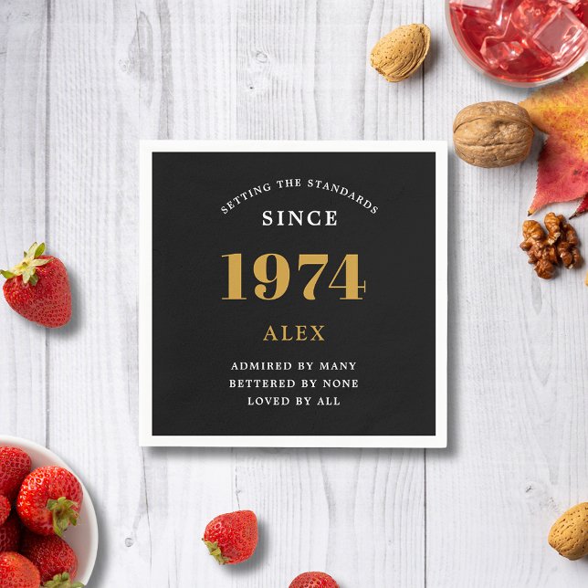 50th Birthday Name 1974 Black Gold Elegant Chic Napkin (Premium 50th Birthday Black and Gold Personalized Paper Napkins - Celebration Elegance)