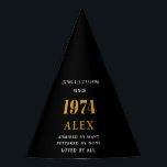 50th Birthday Name 1974 Black Gold Elegant Chic Party Hat<br><div class="desc">Born 1974 Black Gold 50th Birthday Elegant Chic Party Hat - Fully Personalised. Celebrate your milestone year in style with our Born 1974 Black Gold 50th Birthday Elegant Chic Party Hat. This beautifully designed party accessory features a luxurious black and gold theme, creating an atmosphere of elegance and sophistication for...</div>