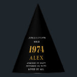 50th Birthday Name 1974 Black Gold Elegant Chic Party Hat<br><div class="desc">Born 1974 Black Gold 50th Birthday Elegant Chic Party Hat - Fully Personalised. Celebrate your milestone year in style with our Born 1974 Black Gold 50th Birthday Elegant Chic Party Hat. This beautifully designed party accessory features a luxurious black and gold theme, creating an atmosphere of elegance and sophistication for...</div>