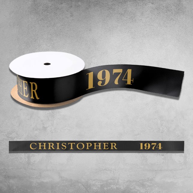 50th Birthday Name 1974 Black Gold Elegant Chic Satin Ribbon (50th Birthday Black Gold Elegant Chic Satin Ribbon Born 1974 - Personalized Celebration Accessory)