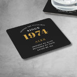 50th Birthday Name 1974 Black Gold Elegant Chic Square Paper Coaster<br><div class="desc">Premium 50th Birthday Black and Gold Personalised Paper Coasters - Celebration Elegance. Celebrate a milestone birthday in style with our chic, premium-quality, 50th Birthday paper coasters. Exquisitely designed with a striking black and gold colour scheme, these coasters add a touch of luxury and sophistication to any 50th birthday bash. Express...</div>
