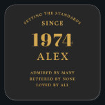 50th Birthday Name 1974 Black Gold Elegant Chic Square Sticker<br><div class="desc">50th Birthday 1974 Elegance: Exceptionally Chic Black and Gold Square Sticker. Celebrate your milestone in style with our Elegant Chic Square Sticker, spotlighting a classy black and gold colour scheme. Crafted meticulously in honour of those born in 1974, this sticker adds a sophisticated touch to any 50th birthday celebration! Each...</div>