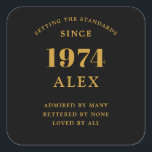 50th Birthday Name 1974 Black Gold Elegant Chic Square Sticker<br><div class="desc">50th Birthday 1974 Elegance: Exceptionally Chic Black and Gold Square Sticker. Celebrate your milestone in style with our Elegant Chic Square Sticker, spotlighting a classy black and gold colour scheme. Crafted meticulously in honour of those born in 1974, this sticker adds a sophisticated touch to any 50th birthday celebration! Each...</div>