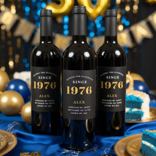 50th Birthday Name 1974 Black Gold Elegant Chic Wine Label