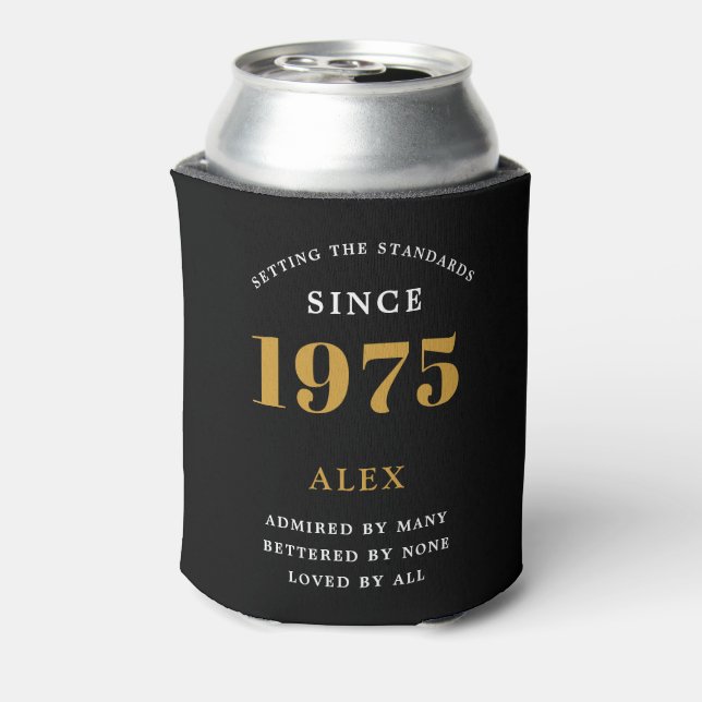 50th Birthday Name 1975 Black Gold Elegant Chic Can Cooler (Can Back)