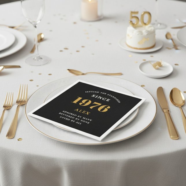 50th Birthday Name 1976 Black Gold Elegant Chic Napkin (1976 Napkin on a plate. White background.)