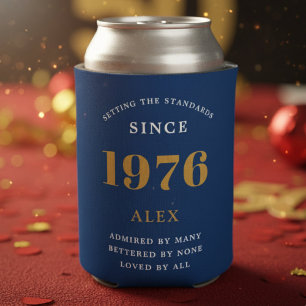 50th Birthday Name 1976 Blue Gold Elegant Chic Can Cooler