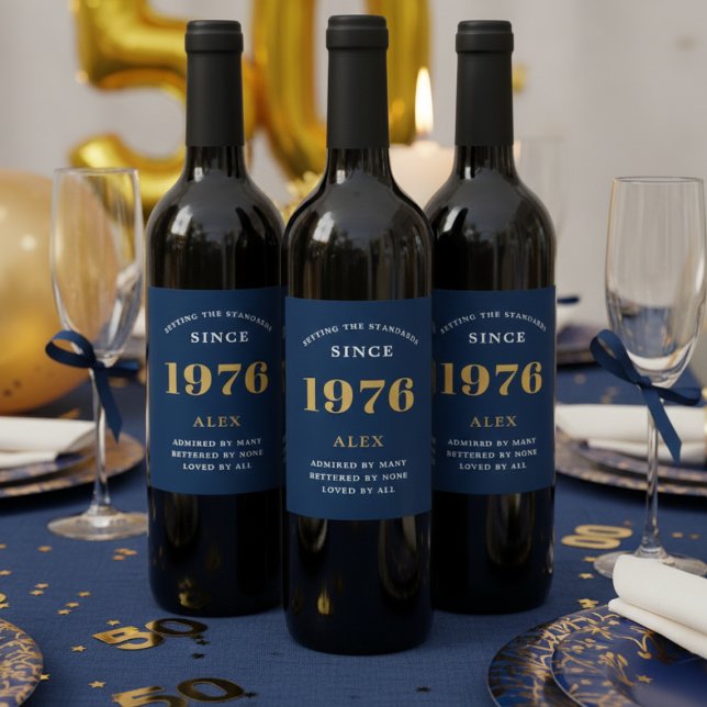 50th Birthday Name 1976 Blue Gold Elegant Chic Wine Label (Blue and gold 50th birthday wine bottle labels on some red wine bottles)