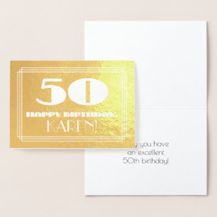 50th Birthday: Name + Art Deco Inspired Look "50" Foil Card