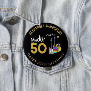 50th Birthday Name Guitars Music Rocks 50 10 Cm Round Badge