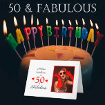 50th Birthday Name Photo 50 and Fabulous Red Heart Card<br><div class="desc">Personalise this 50th birthday party product. With and without polka dots. Celebrate her or him turning 50 and fabulous. This typography theme and a colourful heart balloon. A modern,  fun,  and elegant design. The script style font and the colours can be changed when you customise further.</div>