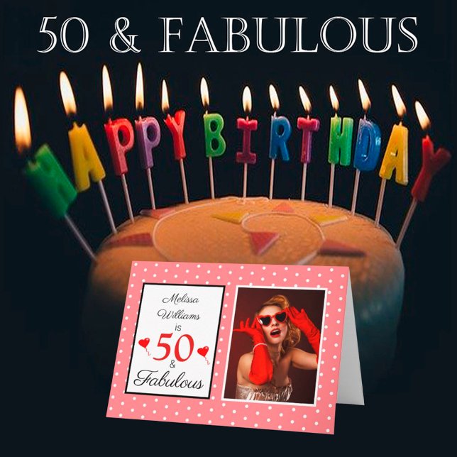 50th Birthday Name Photo 50 & Fabulous Pink White Card (Creator Uploaded)