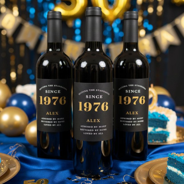 50th Birthday Name Year  Black Gold Elegant Chic Wine Label (Wine bottles with 1976 custom labels)
