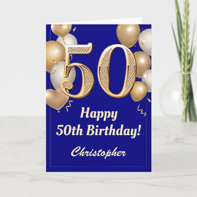 50th Birthday Navy Blue and Gold Balloons Confetti Card (Front)