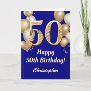50th Birthday Navy Blue and Gold Balloons Confetti Card