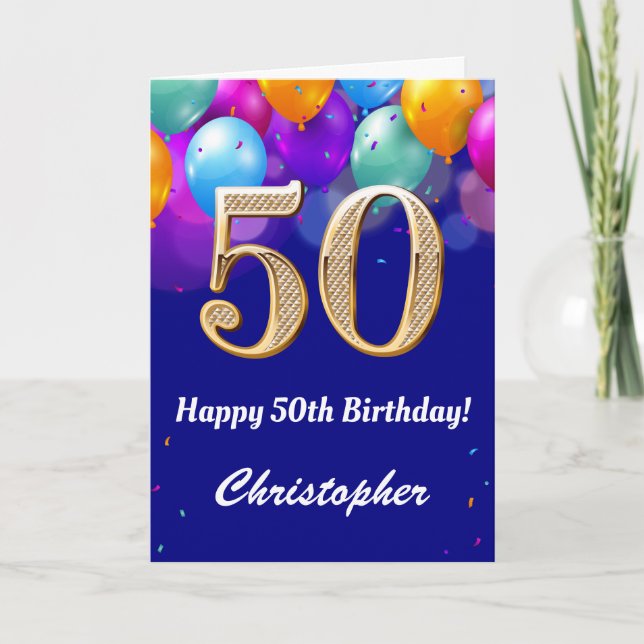 50th Birthday Navy Blue and Gold Colourful Balloon Card (Front)
