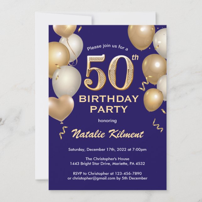 50th Birthday Navy Blue and Gold Glitter Balloons Invitation (Front)