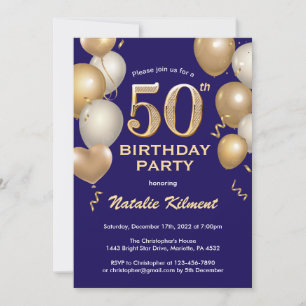 50th Birthday Navy Blue and Gold Glitter Balloons Invitation
