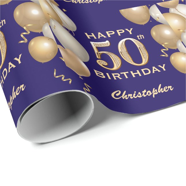 50th Birthday Navy Blue and Gold Glitter Balloons Wrapping Paper (Roll Corner)