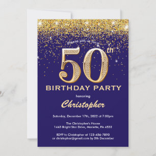 50th Birthday Navy Blue and Gold Glitter Confetti Invitation