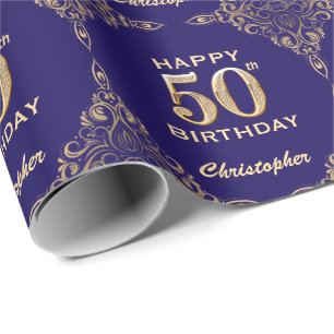 50th Birthday Navy Blue and Gold Glitter Frame Wrapping Paper