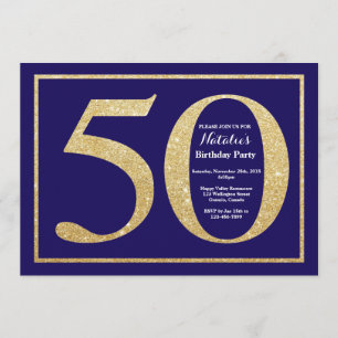 50th Birthday Navy Blue and Gold Glitter Invitation