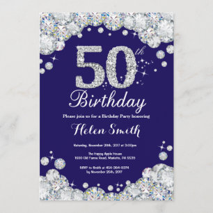 50th Birthday Navy Blue and Silver Diamond Invitation