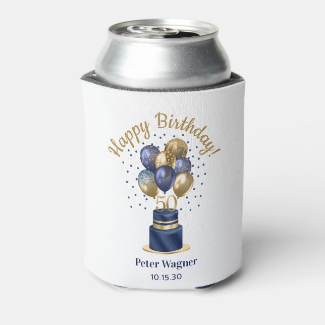 50th Birthday Navy Blue Balloon Cake Can Cooler (Can Back)